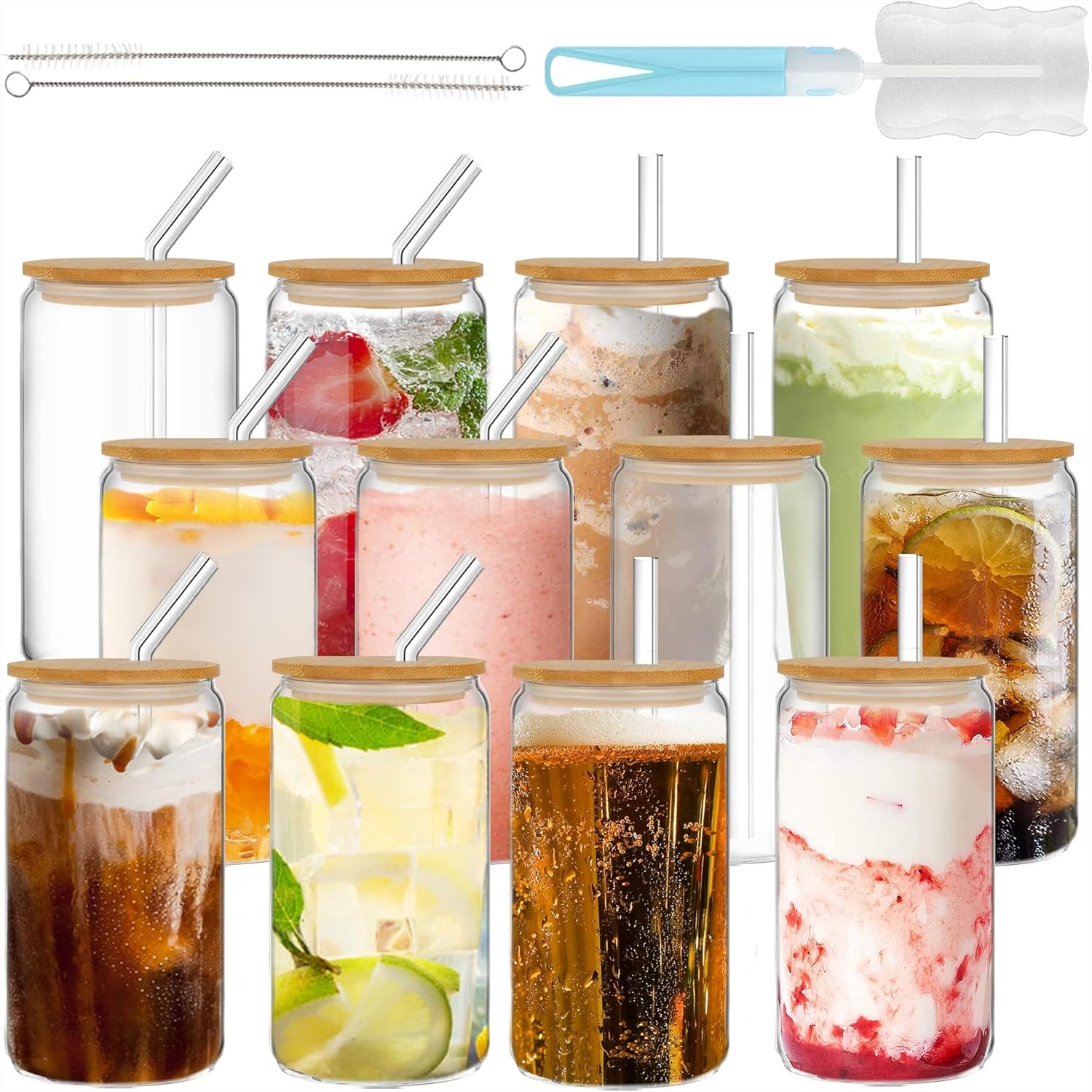 Coffee Tea Drink - 16oz Drinking Glasses with Bamboo Lids