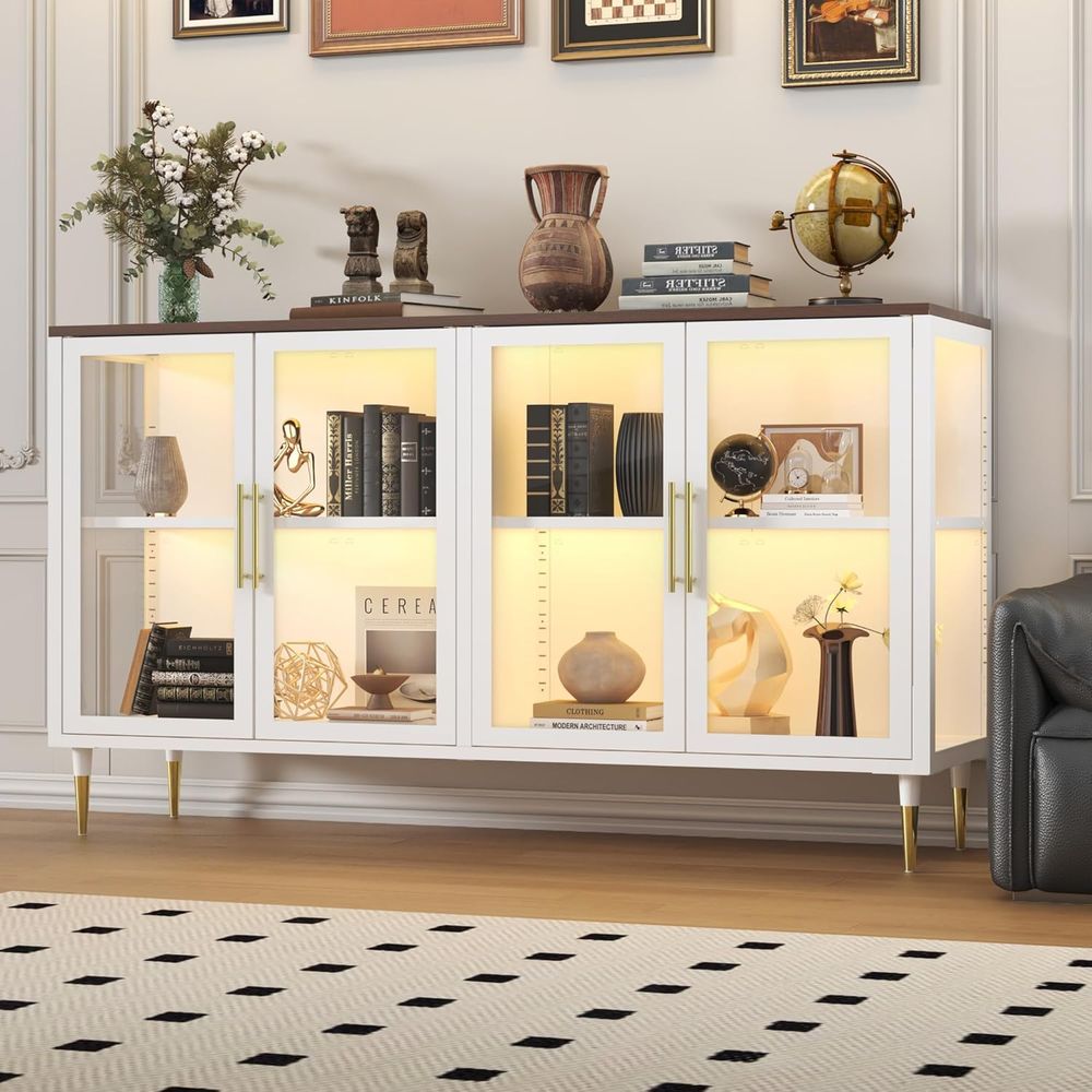 Coffee & Tea Garden Lincoln Menu - LED-Illuminated Glass Sideboard Cabinet, Metal &