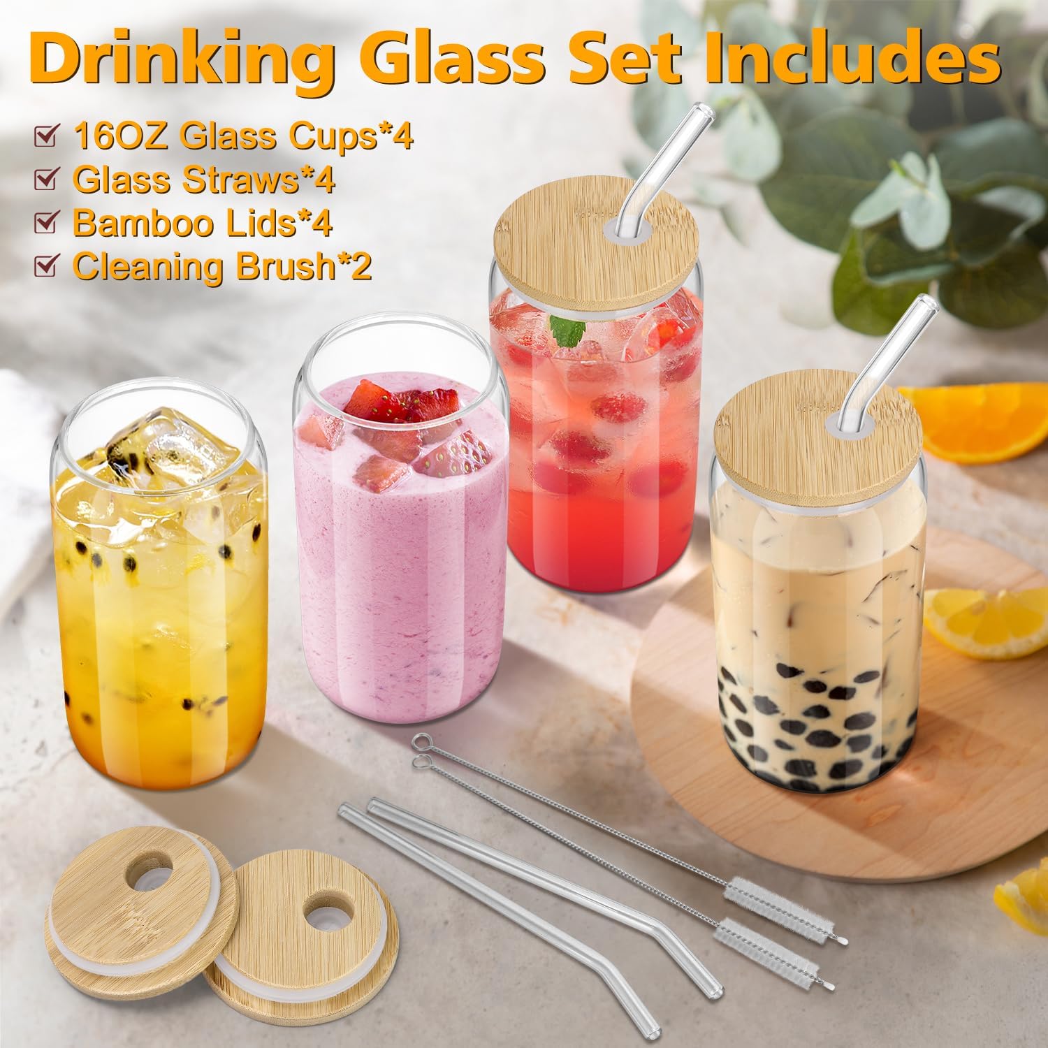 16oz Glass Cups with Bamboo Li - Coffee And Tea Glass 评论和价格